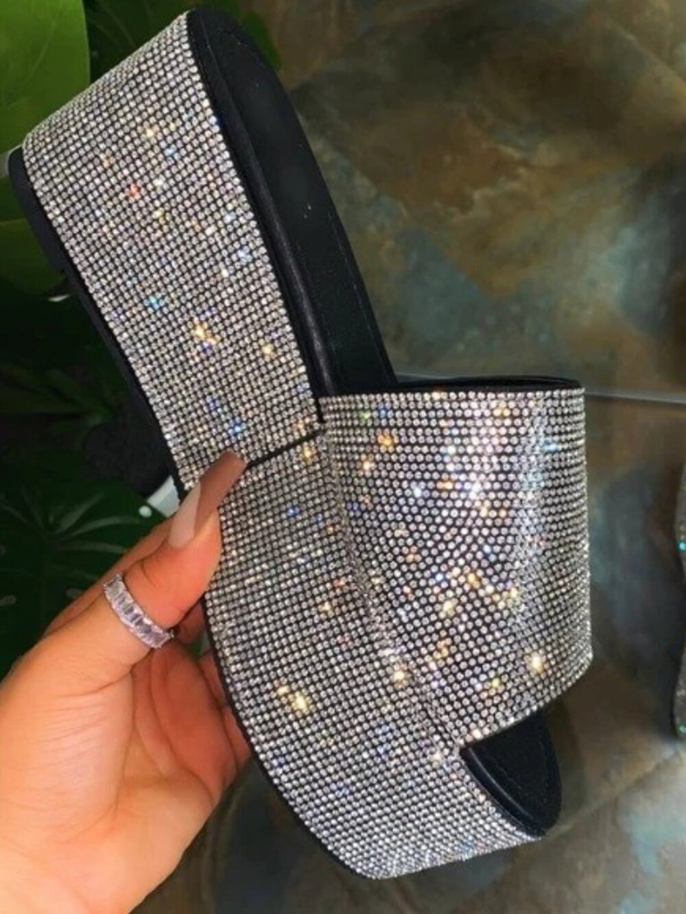New Sparkly Rhinestone Crystal Platform Slide Sandal Open Toe Wedge Heel Slip-On